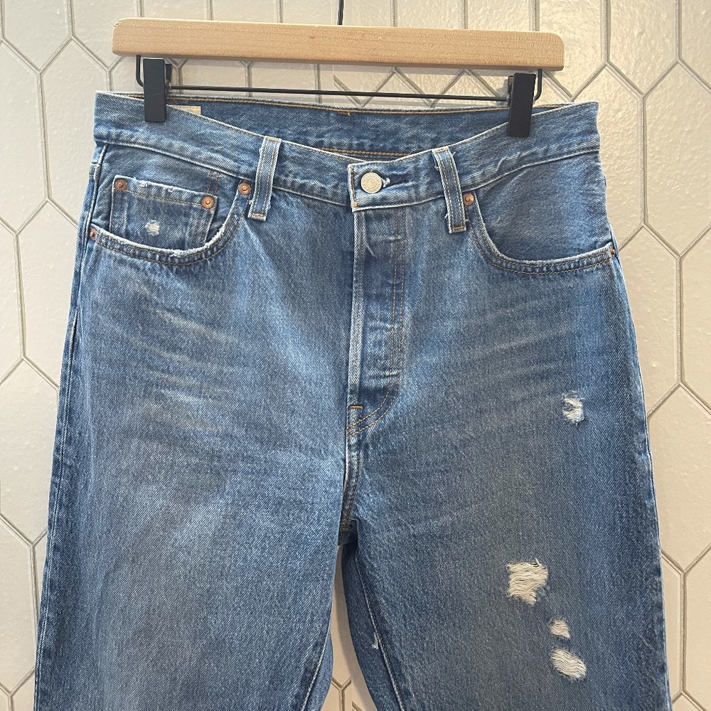 High-Rise Distressed Straight Leg Jeans - Blue - Picture 6 of 14